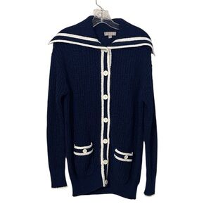 J. Crew Textured Sailor Cardigan Size Small Navy White Coastal Nautical Preppy